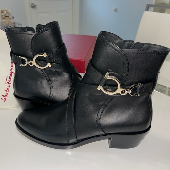 New in box never worn Salvatore Ferragamo Black Ankle Boots with Gold Detail - Picture 6 of 6